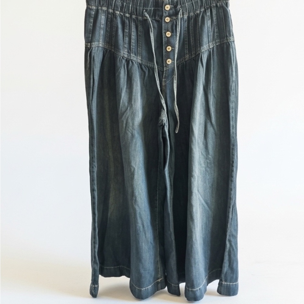 We The Free Button-Front Wide Leg Denim Pants in Washed Blue